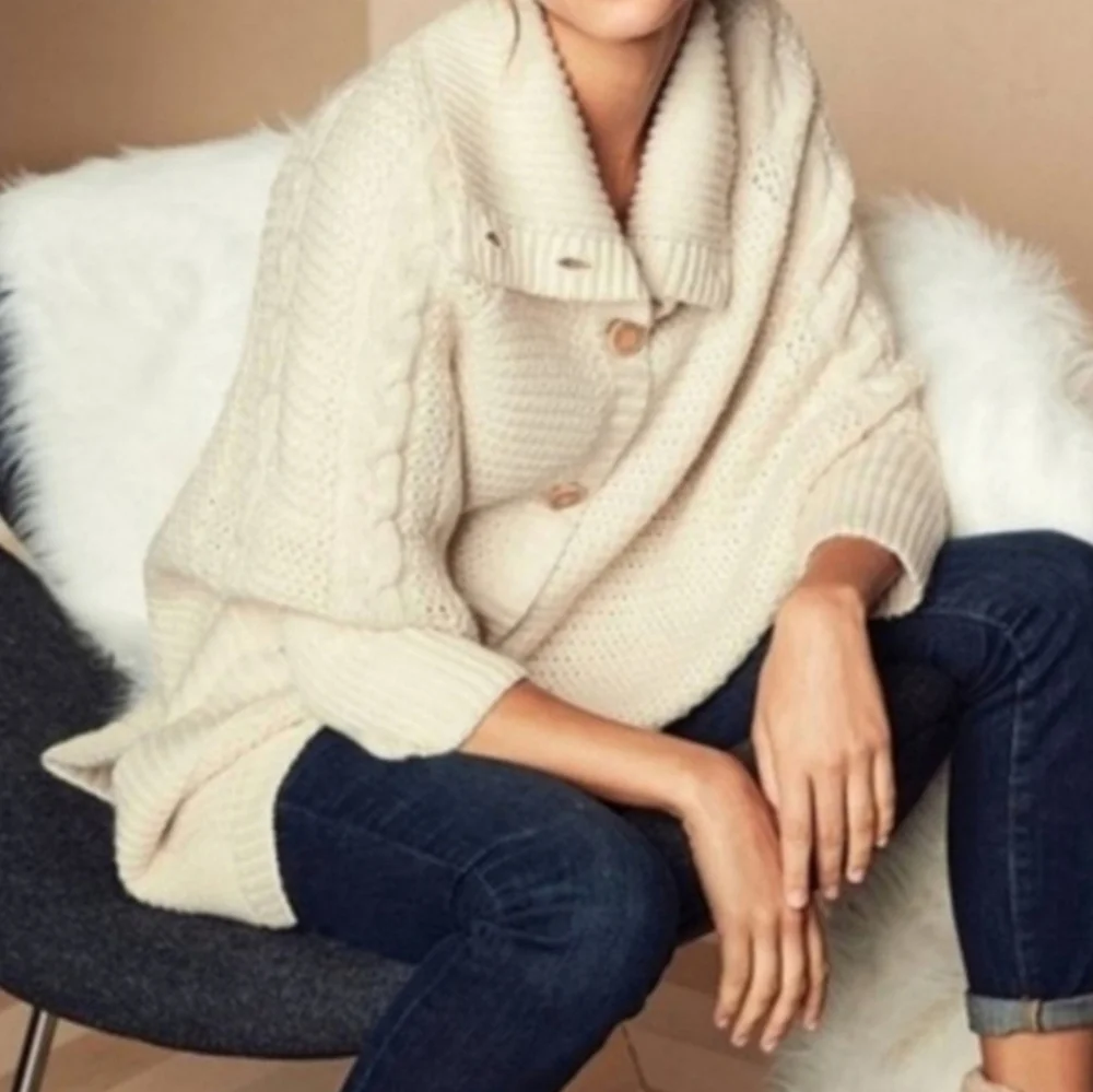 UGG Maribeth White Button Front Ribbed Cable Knit Wool Cape Cardigan Sweater